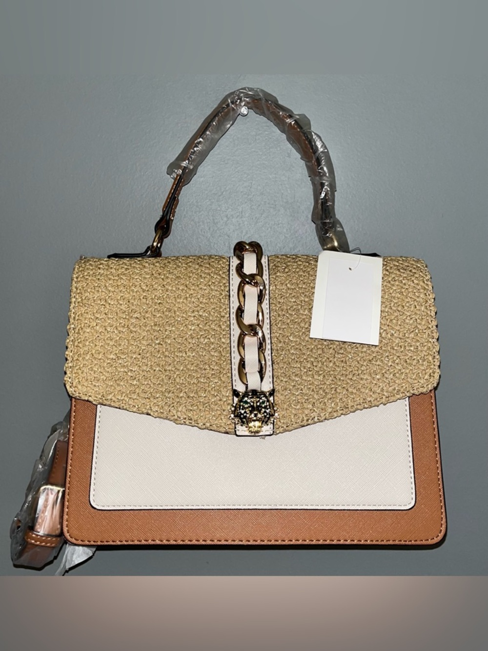 Aldo Structured Straw Top-Handle Satchel in Beige & Tan
